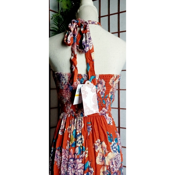 Band of Gypsies Ruffle V-Neck Faux Wrap Maxi Dress - Burnt Orange/Blue-Multi - Picture 6 of 16